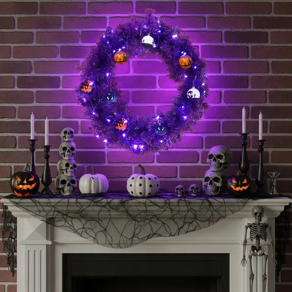 24-inch pre-lit purple Halloween wreath, view 5