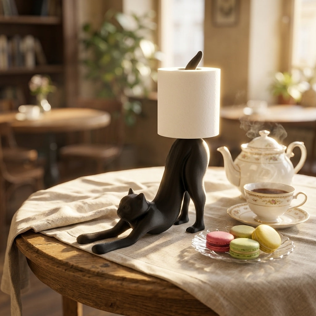 Stretching black cat toilet paper holder