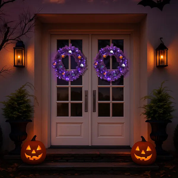 24-inch pre-lit purple Halloween wreath, view 2