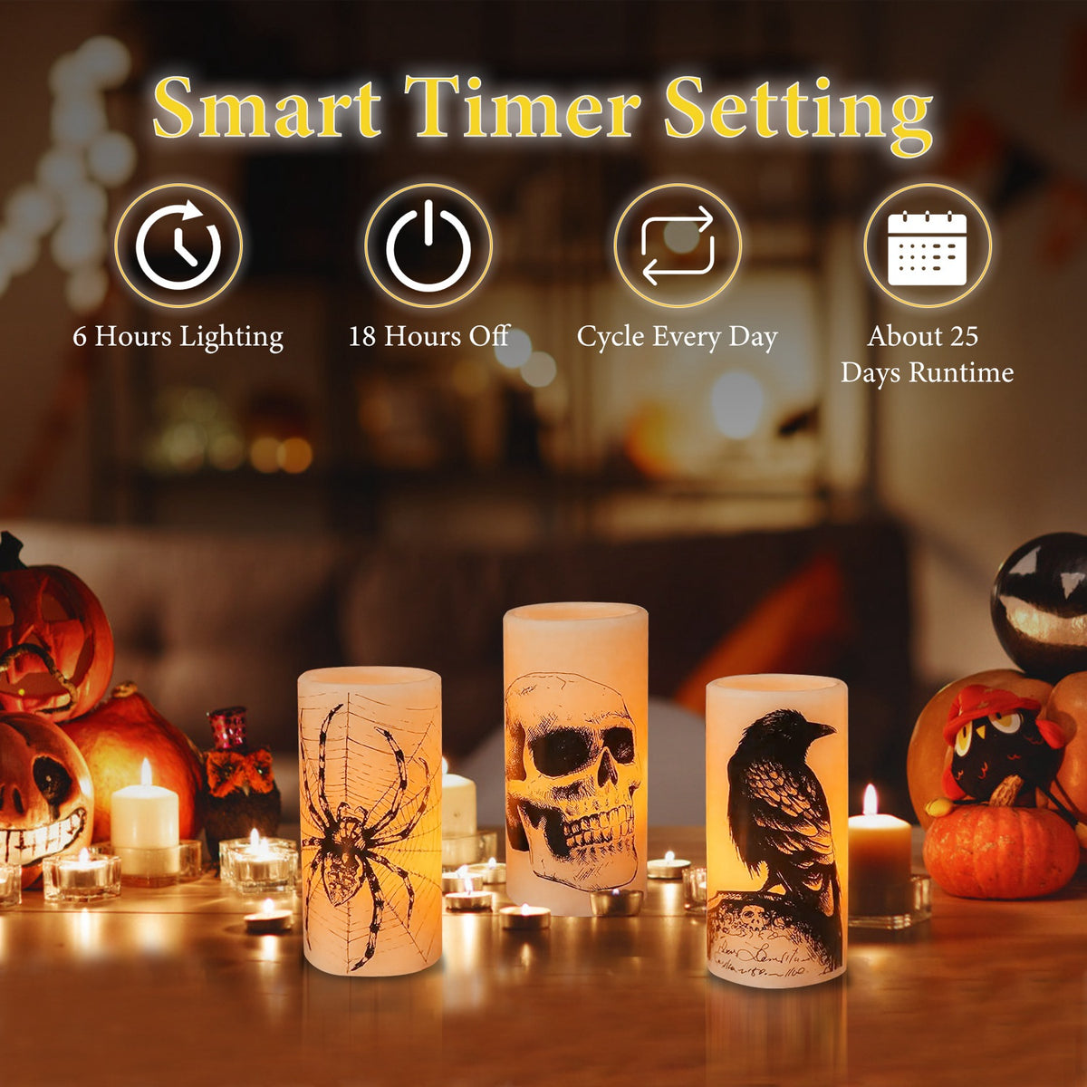 Halloween flameless LED candles with timer, 3-pack, view 4
