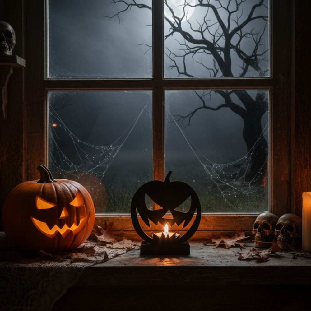 Gothic jack-o'-lantern metal candle holder, view 3