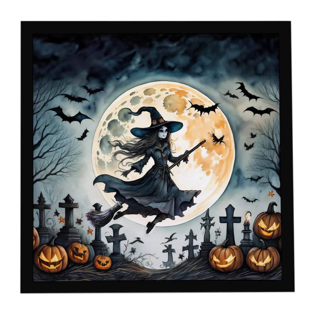 Flying witch Halloween framed metal print