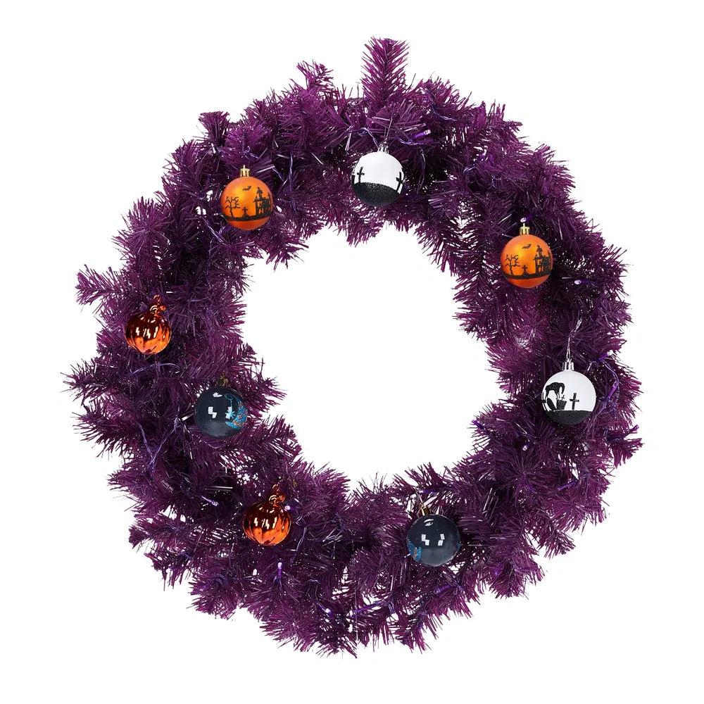24-inch pre-lit purple Halloween wreath, view 6