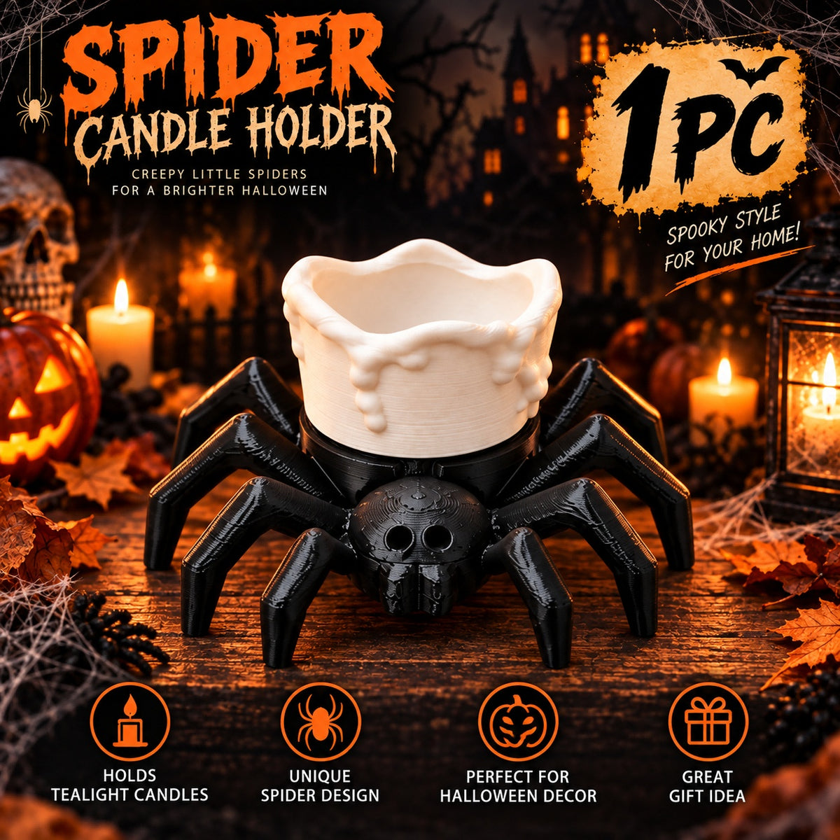 Spooky spider LED tealight holder, view 3