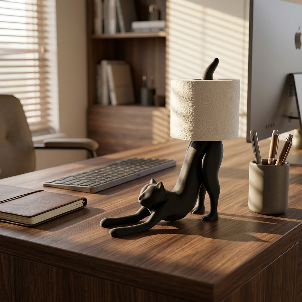 Stretching black cat toilet paper holder, view 4