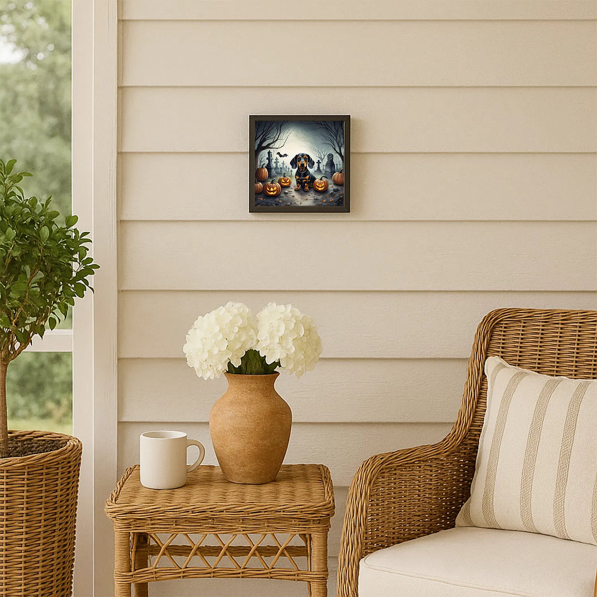Spooky Dachshund Halloween framed metal print, view 3