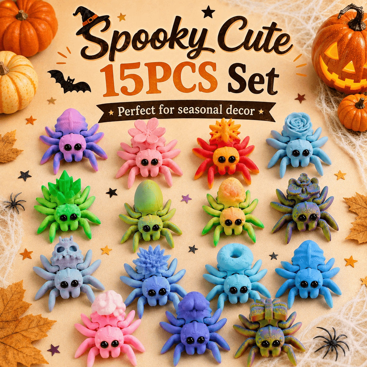Cute mini spider figurines, 15-piece set