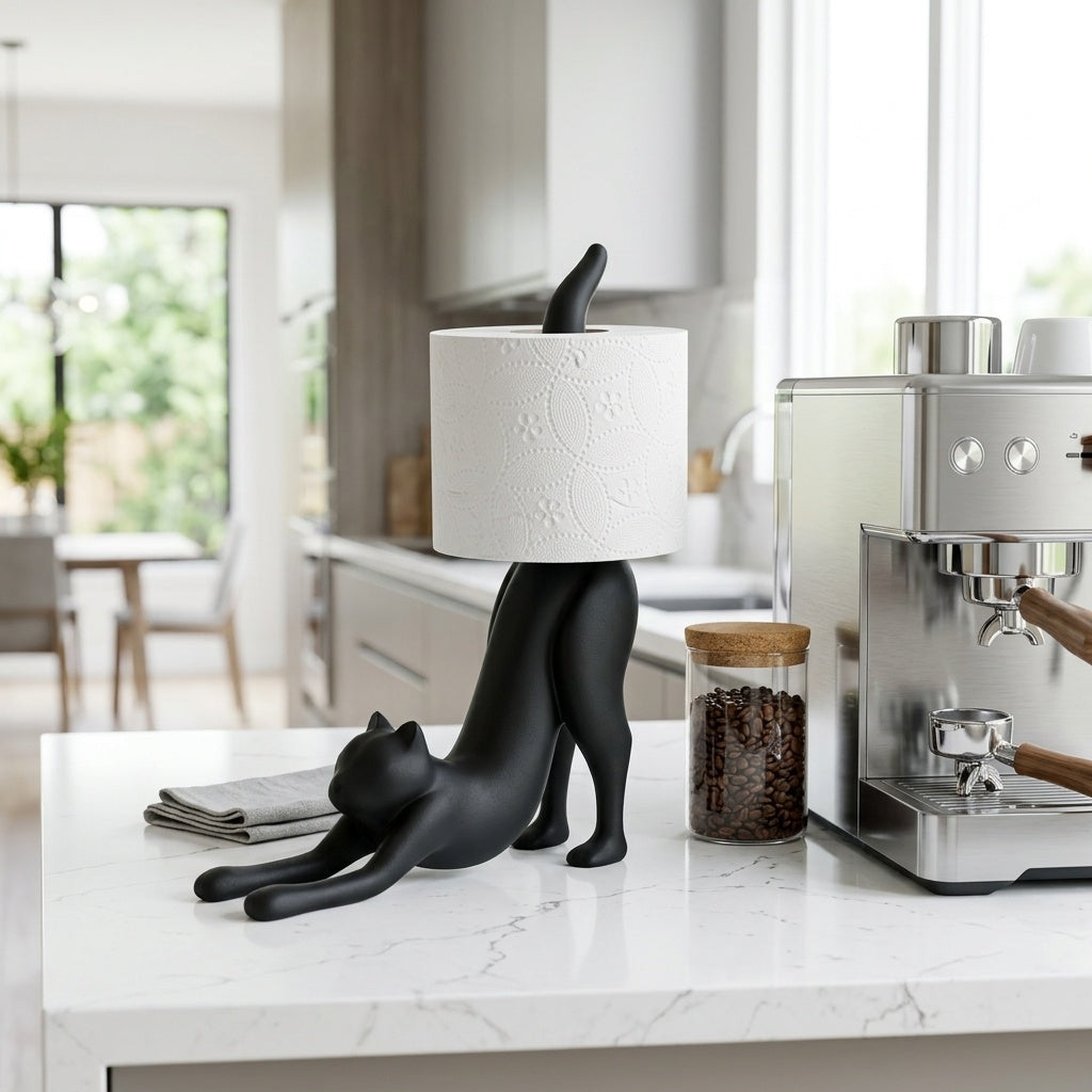Stretching black cat toilet paper holder, view 5