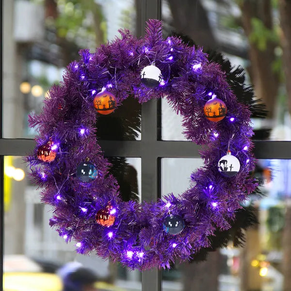 24-inch pre-lit purple Halloween wreath, view 4