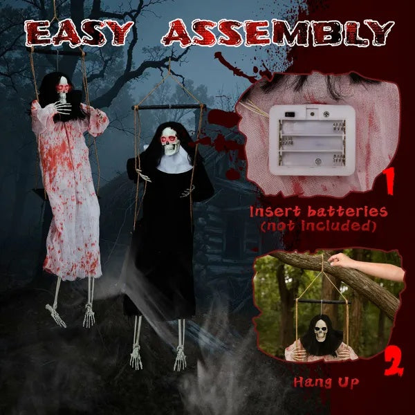Hanging grim reaper ghosts with light-up eyes, view 2
