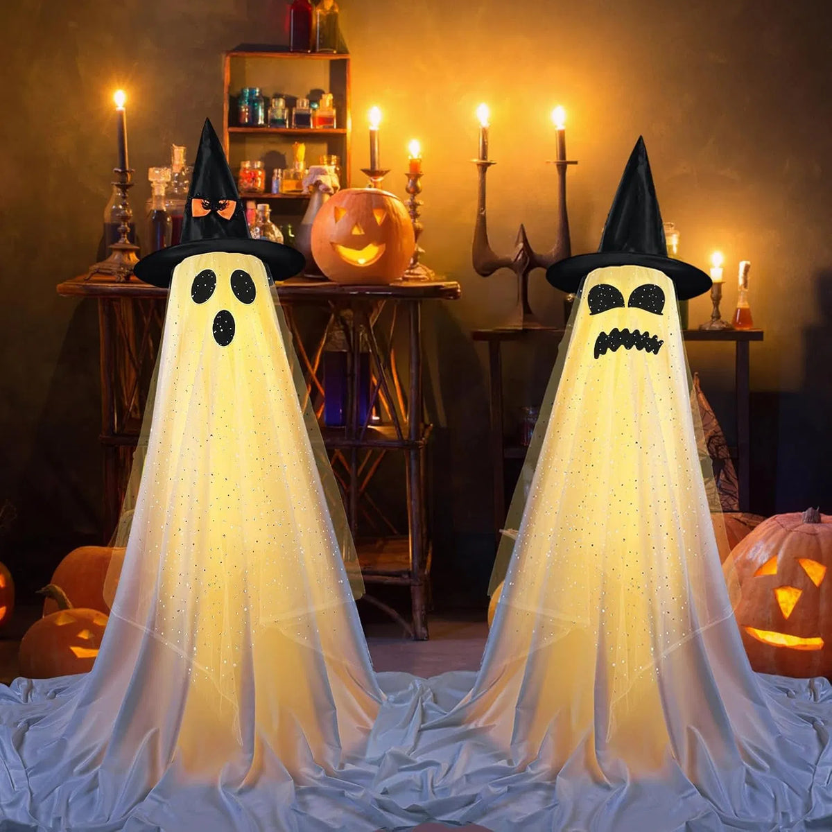 Light-up standing ghosts with witch hats, view 3