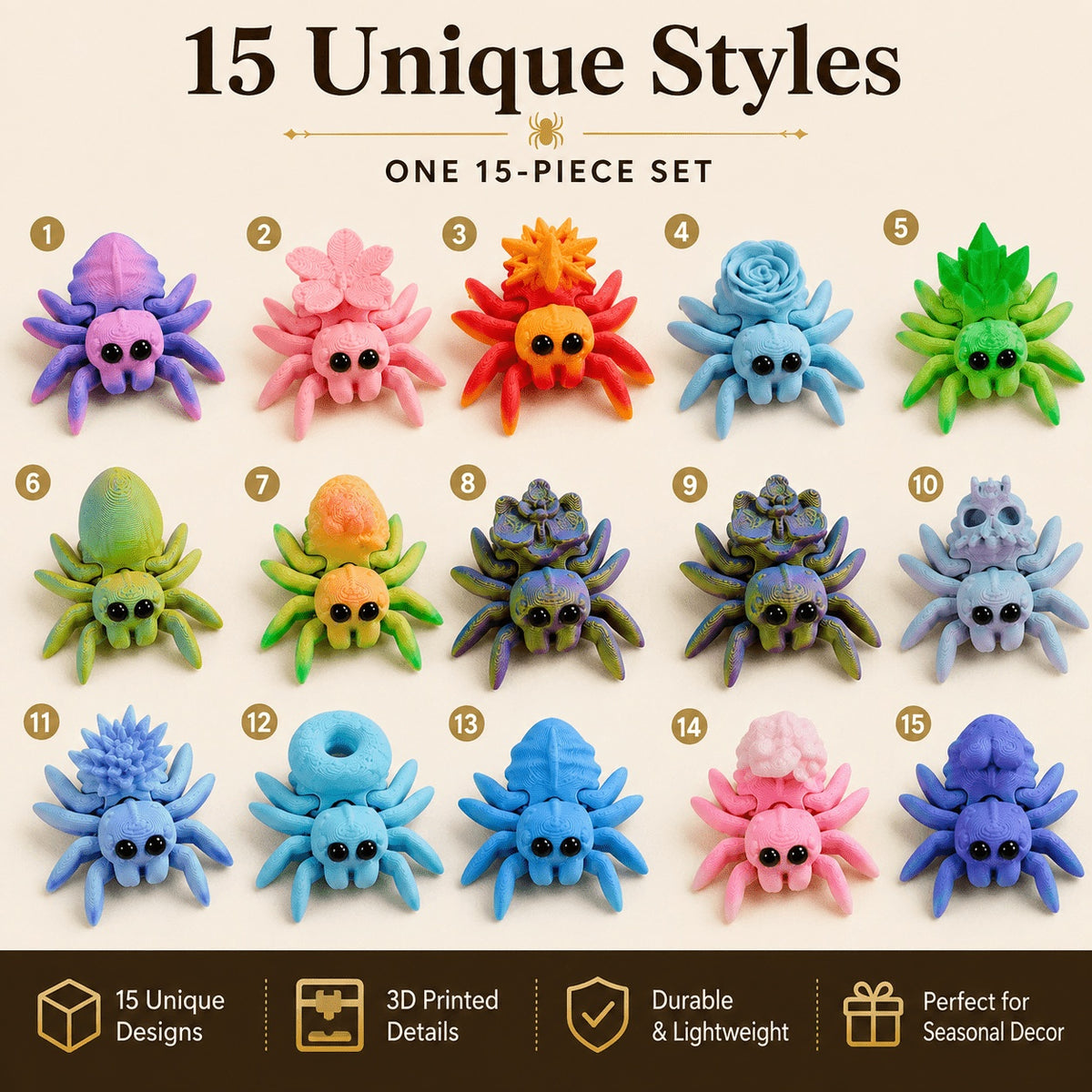 Cute mini spider figurines, 15-piece set, view 4