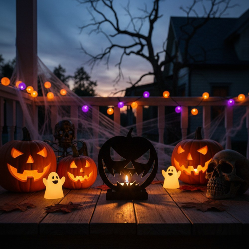 Gothic jack-o'-lantern metal candle holder, view 2