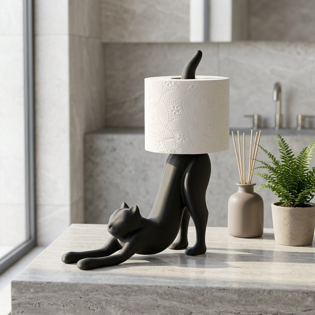 Stretching black cat toilet paper holder, view 8