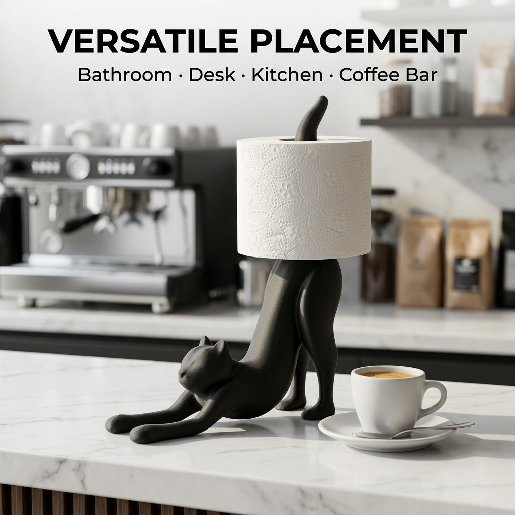 Stretching black cat toilet paper holder, view 3