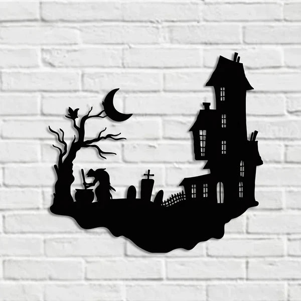 Haunted house and witch metal wall art